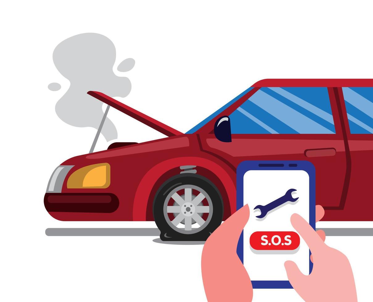call-roadside-emergency-assistance-using-smartphone-in-car-accident-car-insurance-service-concept-in-cartoon-flat-illustration-isolated-in-white-background-vector